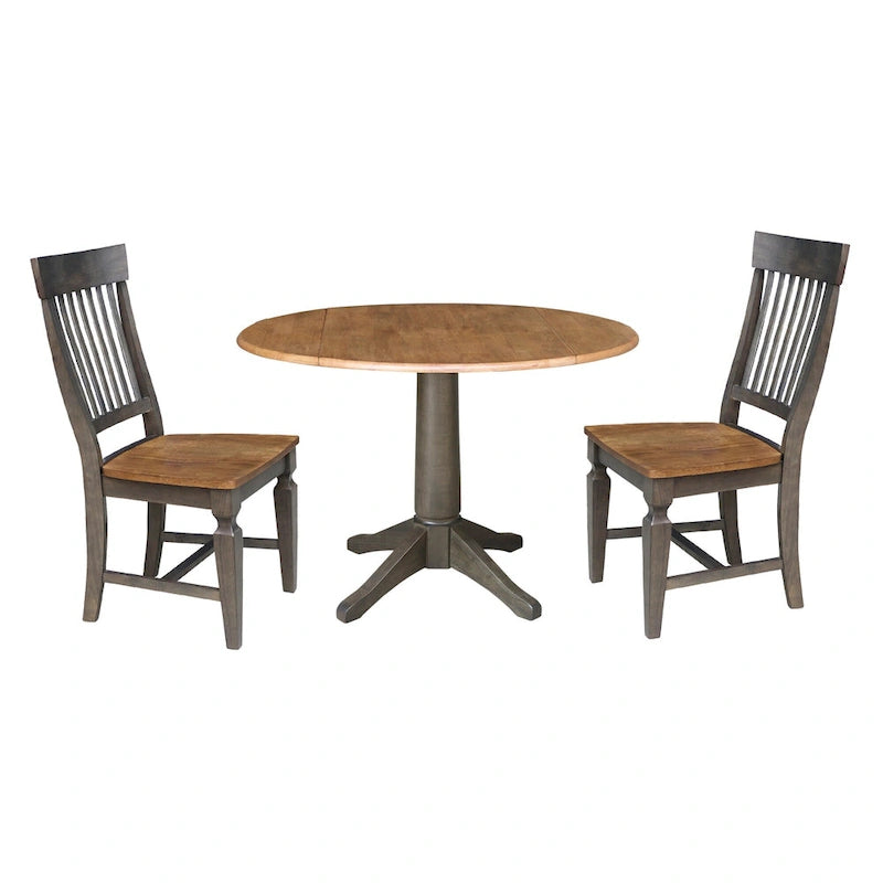 Table de salle à manger ronde à double abattant de 42 po avec 2 chaises à dossier à lattes en hickory/charbon délavé
