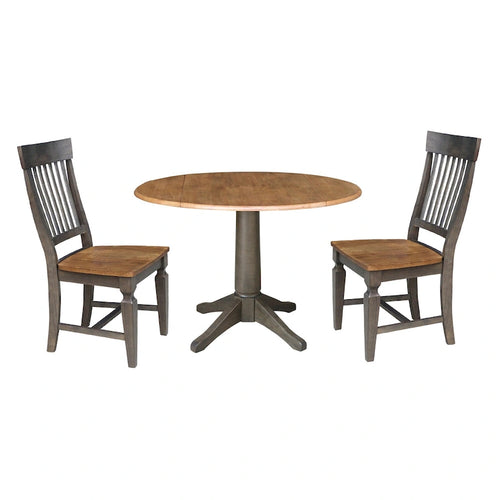 Table de salle à manger ronde à double abattant de 42 po avec 2 chaises à dossier à lattes en hickory/charbon délavé