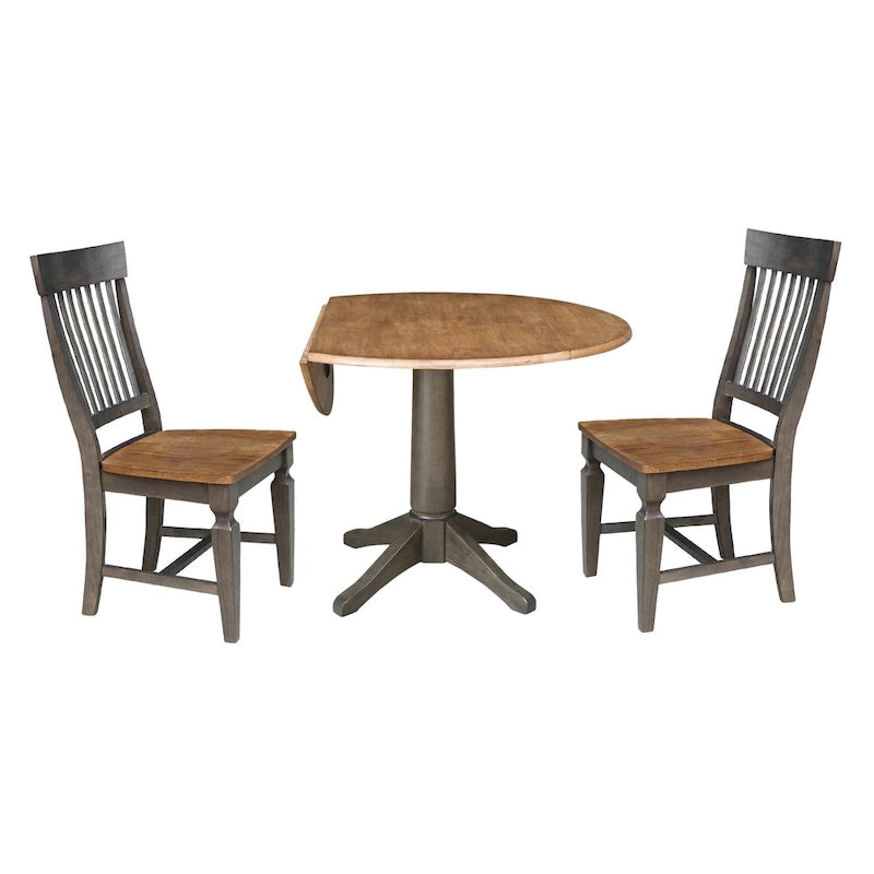 Table de salle à manger ronde à double abattant de 42 po avec 2 chaises à dossier à lattes en hickory/charbon délavé