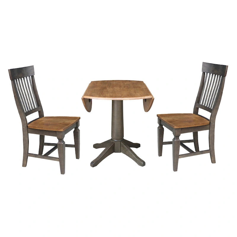 Table de salle à manger ronde à double abattant de 42 po avec 2 chaises à dossier à lattes en hickory/charbon délavé