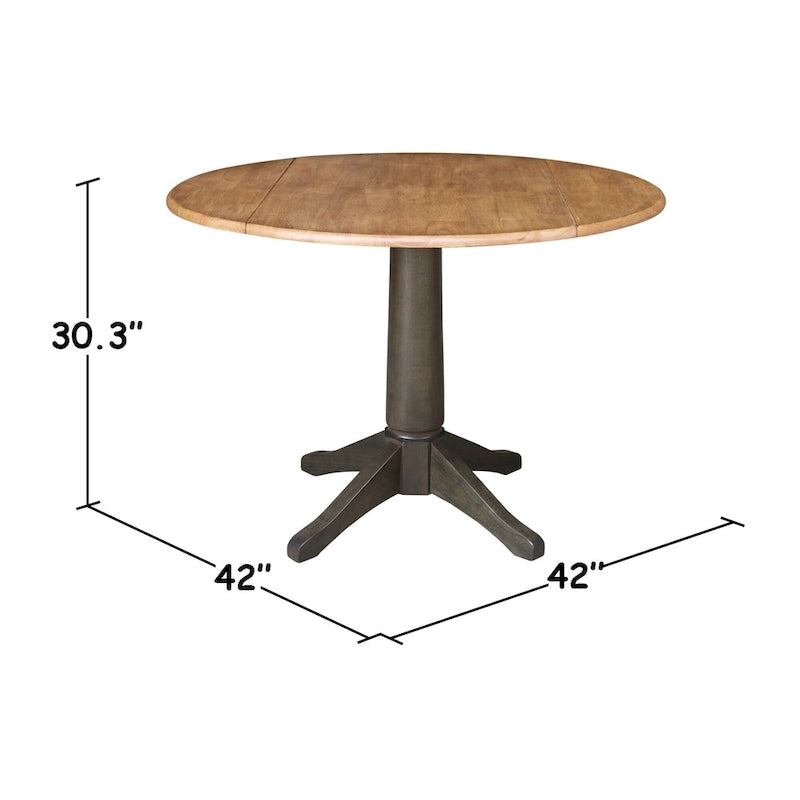 Table de salle à manger ronde à double abattant de 42 po avec 2 chaises à dossier à lattes en hickory/charbon délavé