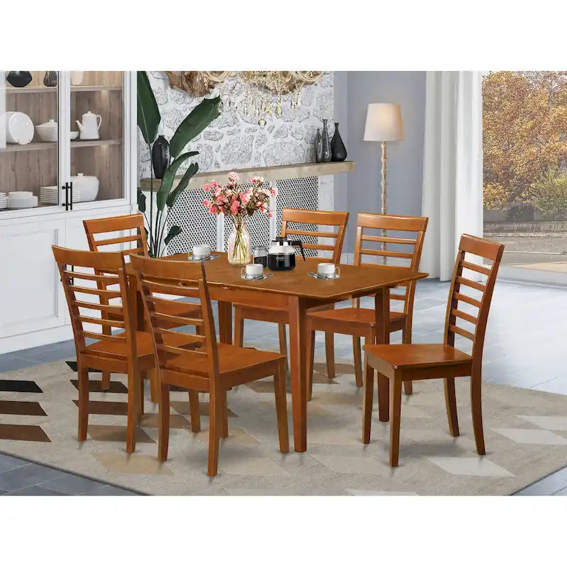 Ensemble de salle à manger 7 pièces East West Furniture : une table rectangulaire et 6 chaises de cuisine, couleur marron selle (options d’assise disponibles).