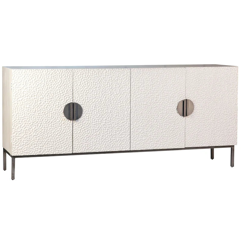 Buffet contemporain Cordilia 79 pouces en pin blanc recyclé et fer, 4 portes