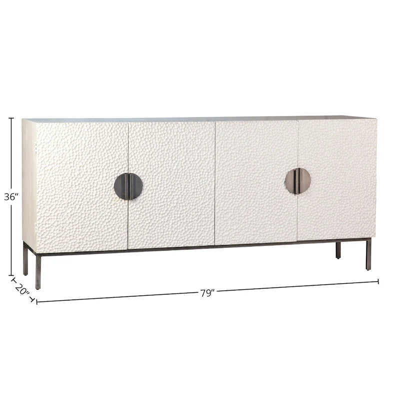 Buffet contemporain Cordilia 79 pouces en pin blanc recyclé et fer, 4 portes