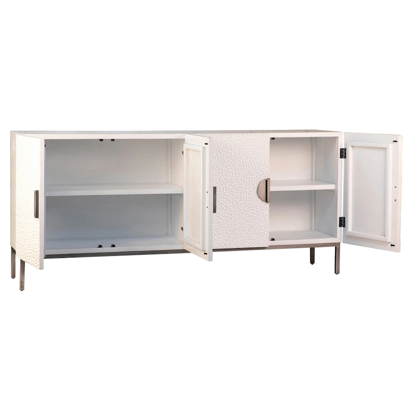 Buffet contemporain Cordilia 79 pouces en pin blanc recyclé et fer, 4 portes