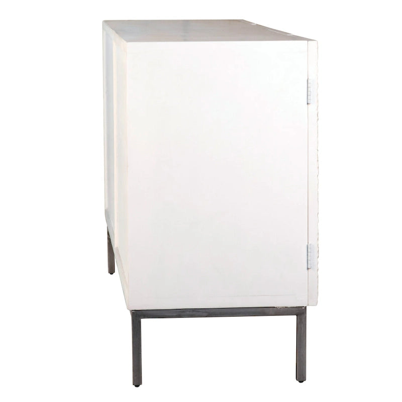 Buffet contemporain Cordilia 79 pouces en pin blanc recyclé et fer, 4 portes