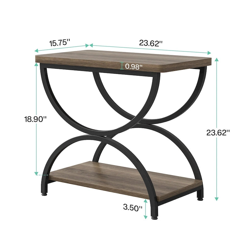 Table d'appoint rectangulaire de 58 cm (23 pouces) à deux niveaux avec une élégante structure en métal, idéale comme table de chevet ou table d'appoint près d'un canapé.