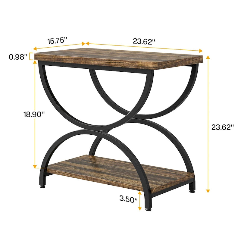 Table d'appoint rectangulaire de 58 cm (23 pouces) à deux niveaux avec une élégante structure en métal, idéale comme table de chevet ou table d'appoint près d'un canapé.