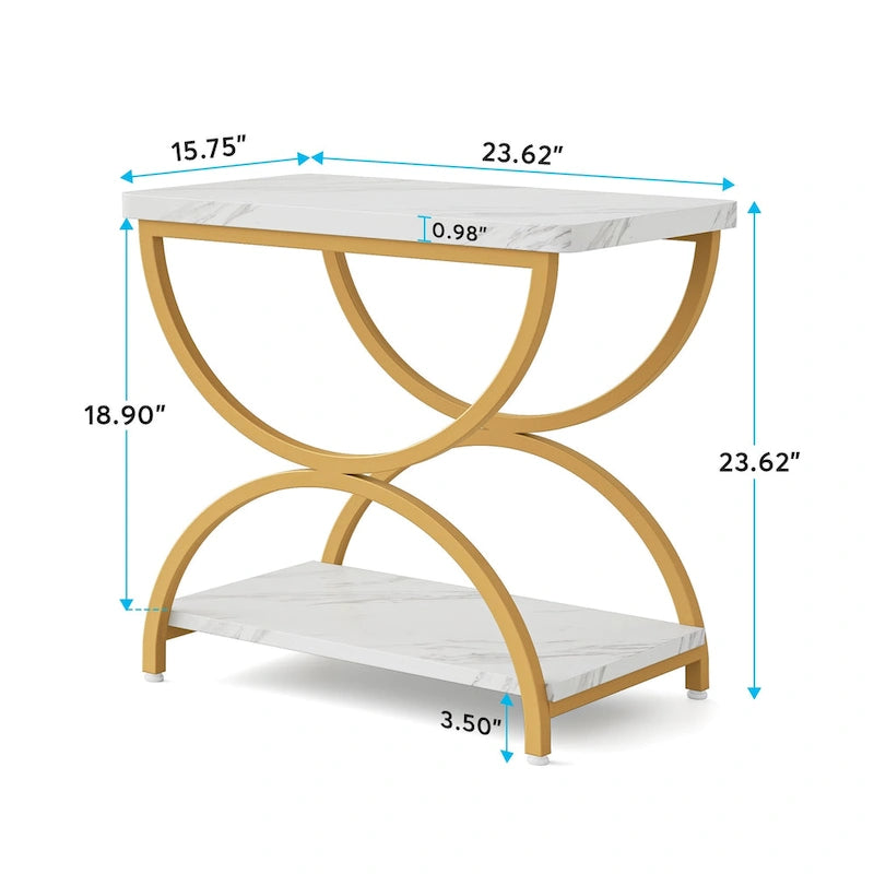 Table d'appoint rectangulaire de 58 cm (23 pouces) à deux niveaux avec une élégante structure en métal, idéale comme table de chevet ou table d'appoint près d'un canapé.