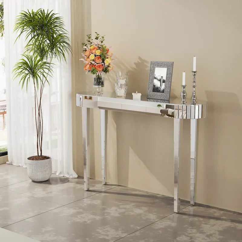 Console miroir, table d'entrée argentée - 120 x 32 x 80 cm