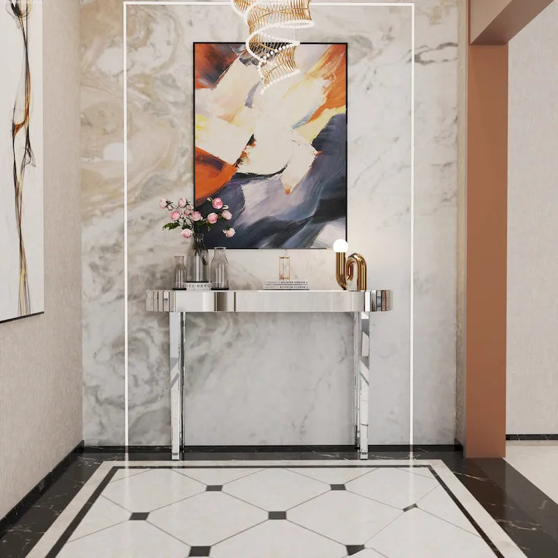 Console miroir, table d'entrée argentée - 120 x 32 x 80 cm