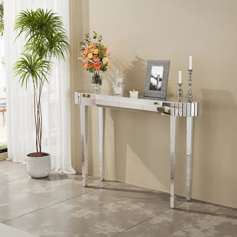 Console miroir, table d'entrée argentée - 120 x 32 x 80 cm
