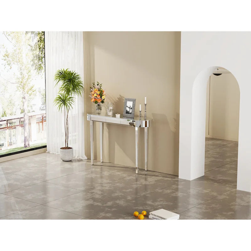 Console miroir, table d'entrée argentée - 120 x 32 x 80 cm