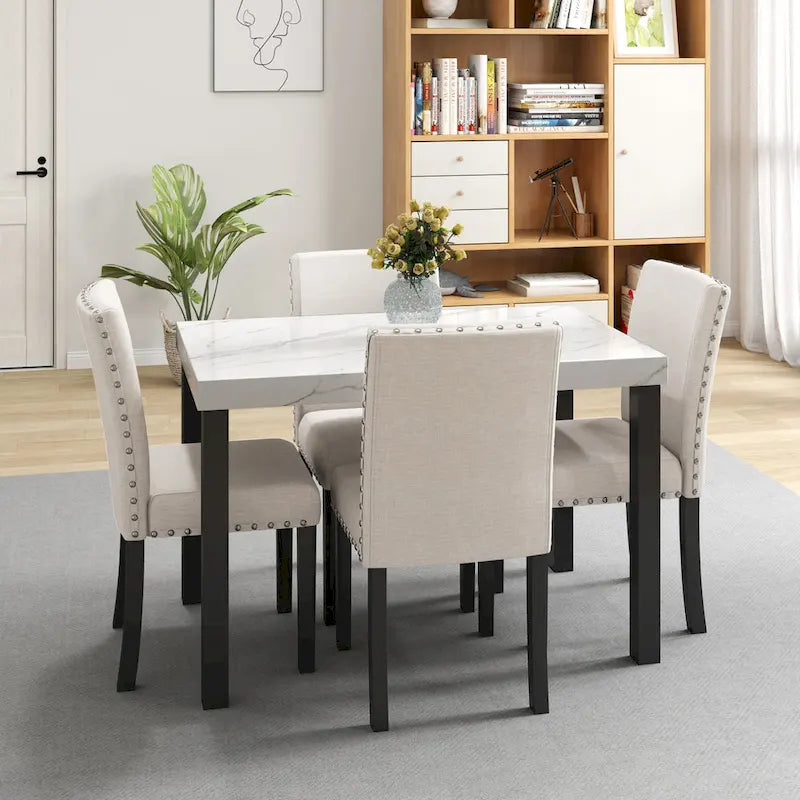 Ensemble de salle à manger cinq pièces avec plateau de table imitation marbre