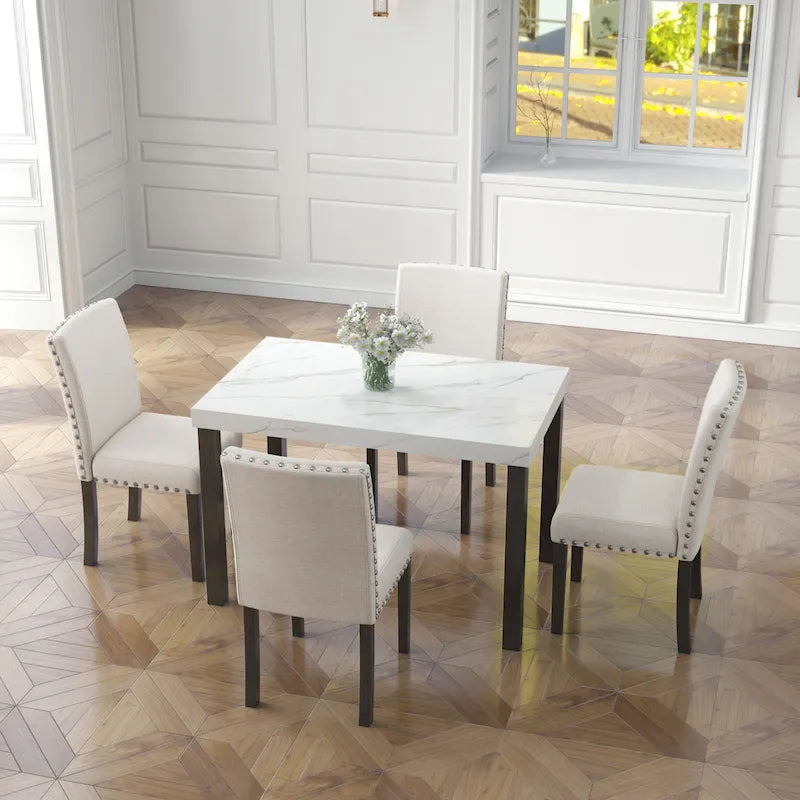 Ensemble de salle à manger cinq pièces avec plateau de table imitation marbre