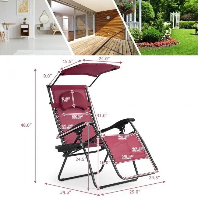 Fauteuil inclinable portable avec pare-soleil, porte-gobelet et design pliable - Rouge foncé