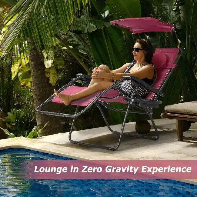 Fauteuil inclinable portable avec pare-soleil, porte-gobelet et design pliable - Rouge foncé