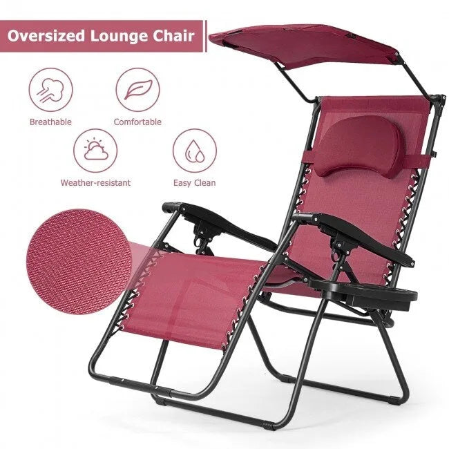 Fauteuil inclinable portable avec pare-soleil, porte-gobelet et design pliable - Rouge foncé