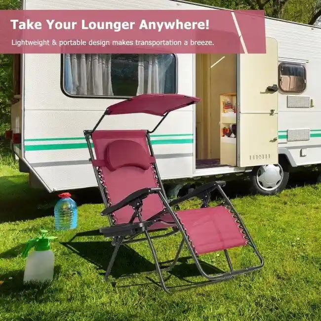Fauteuil inclinable portable avec pare-soleil, porte-gobelet et design pliable - Rouge foncé