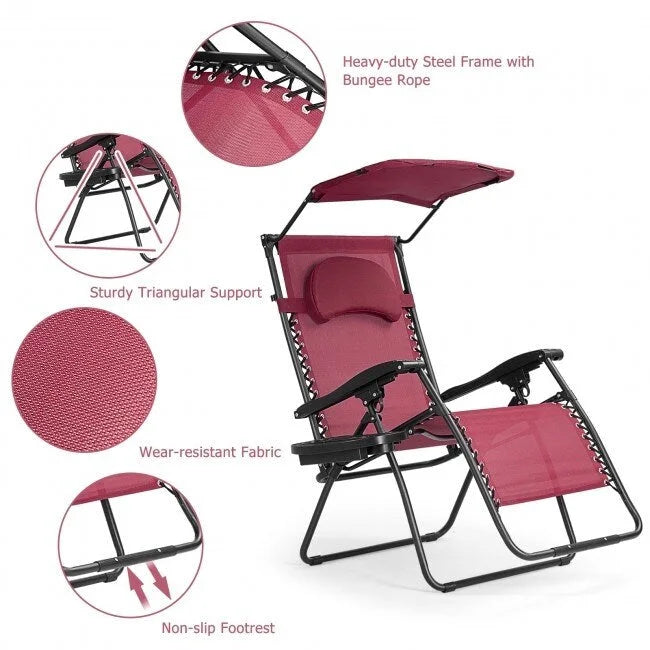 Fauteuil inclinable portable avec pare-soleil, porte-gobelet et design pliable - Rouge foncé