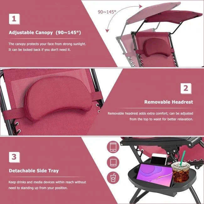 Fauteuil inclinable portable avec pare-soleil, porte-gobelet et design pliable - Rouge foncé