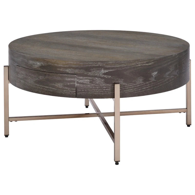 Table basse ronde moderne à 1 tiroir avec pieds croisés en métal, marron et doré - 40,6 cm (H) x 81,3 cm (L) x 81,3 cm (P)