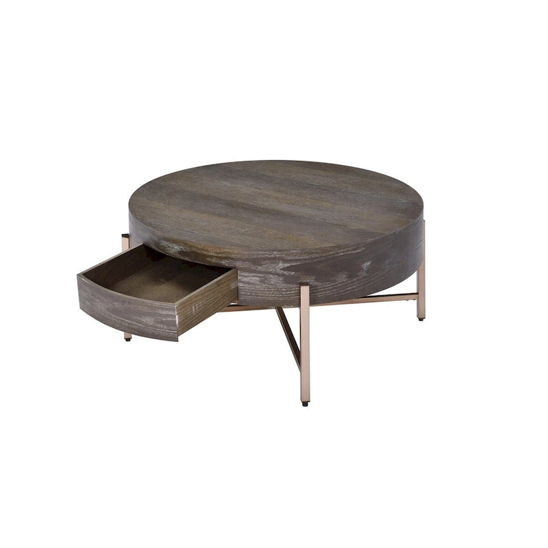 Table basse ronde moderne à 1 tiroir avec pieds croisés en métal, marron et doré - 40,6 cm (H) x 81,3 cm (L) x 81,3 cm (P)