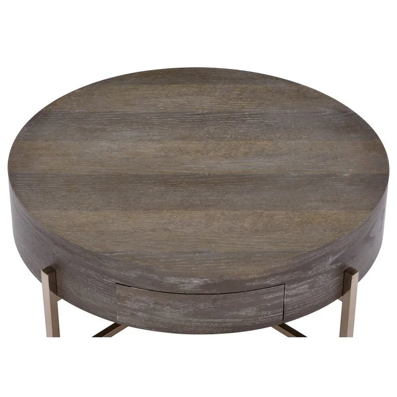 Table basse ronde moderne à 1 tiroir avec pieds croisés en métal, marron et doré - 40,6 cm (H) x 81,3 cm (L) x 81,3 cm (P)