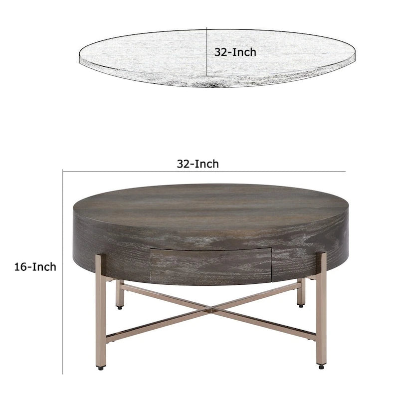 Table basse ronde moderne à 1 tiroir avec pieds croisés en métal, marron et doré - 40,6 cm (H) x 81,3 cm (L) x 81,3 cm (P)