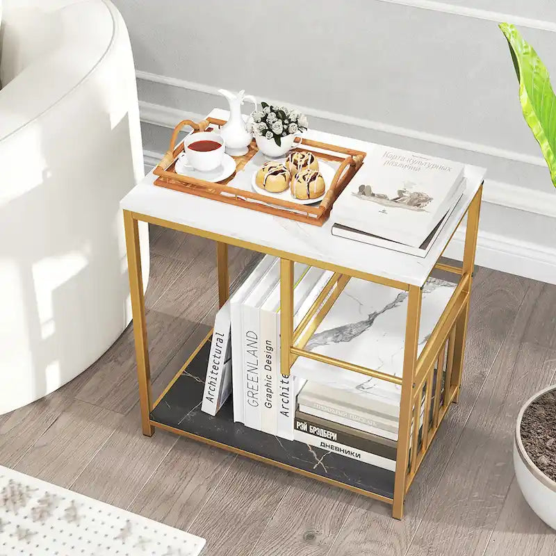 Table d'appoint Gymax à 3 niveaux en faux marbre avec étagères de rangement