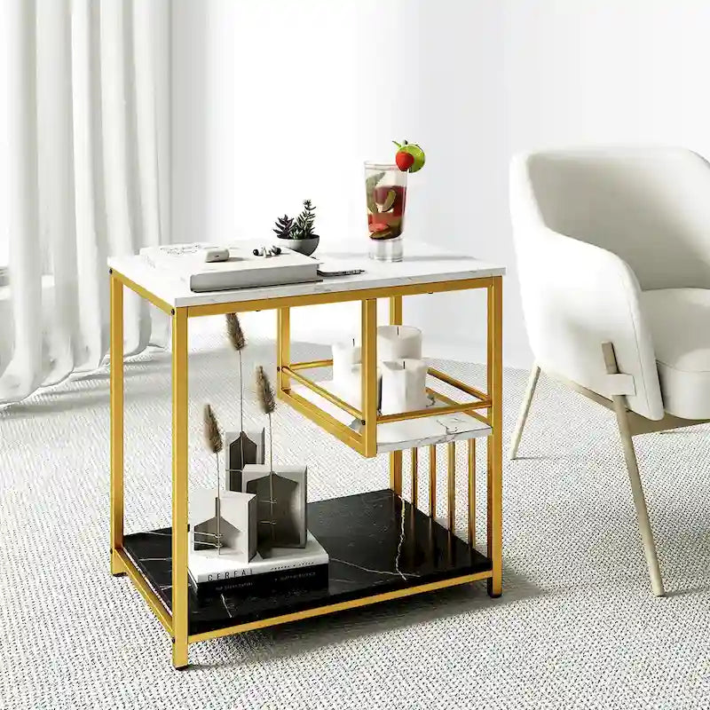 Table d'appoint Gymax à 3 niveaux en faux marbre avec étagères de rangement