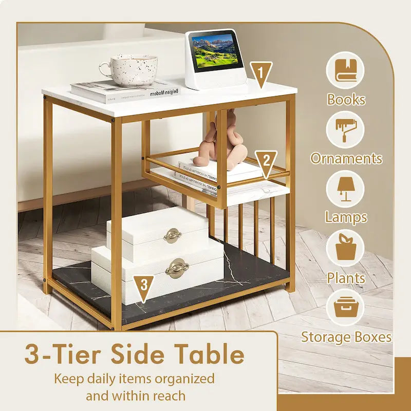 Table d'appoint Gymax à 3 niveaux en faux marbre avec étagères de rangement