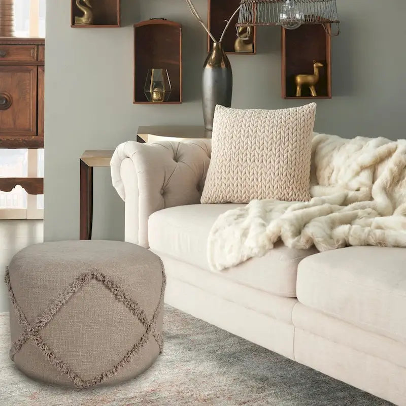 Pouf ottoman rond à motif losanges, texture unie marron, 18 pouces