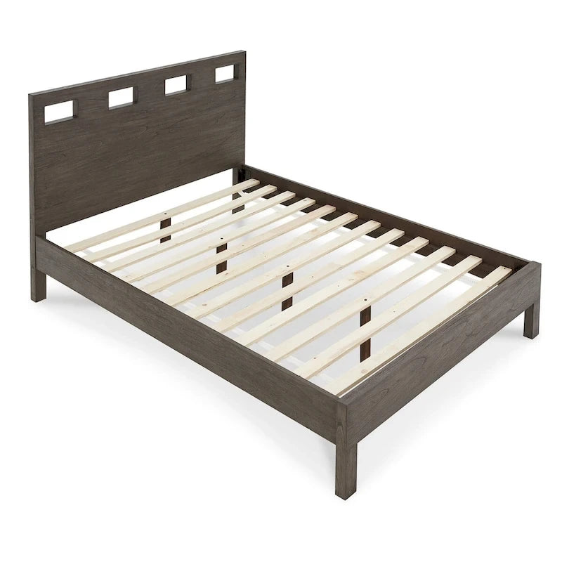 Lit Yee King, bois gris, 4 tiroirs latéraux, tête de lit ajourée