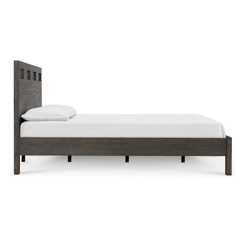 Lit Yee King, bois gris, 4 tiroirs latéraux, tête de lit ajourée