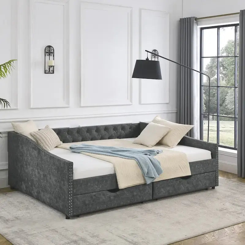 Lit de jour Queen Size avec tiroirs, canapé-lit capitonné