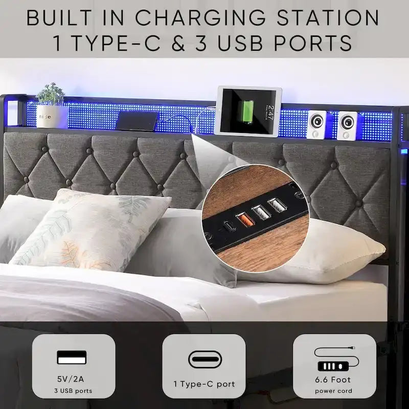Cadre de lit avec tête de lit de rangement, station de recharge et éclairage LED