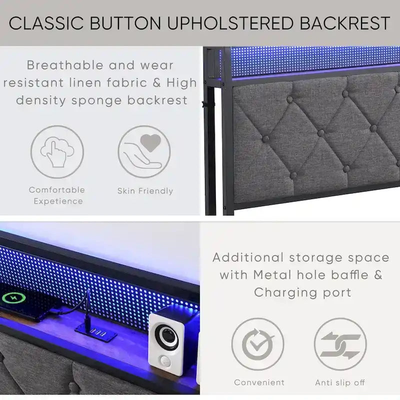 Cadre de lit avec tête de lit de rangement, station de recharge et éclairage LED