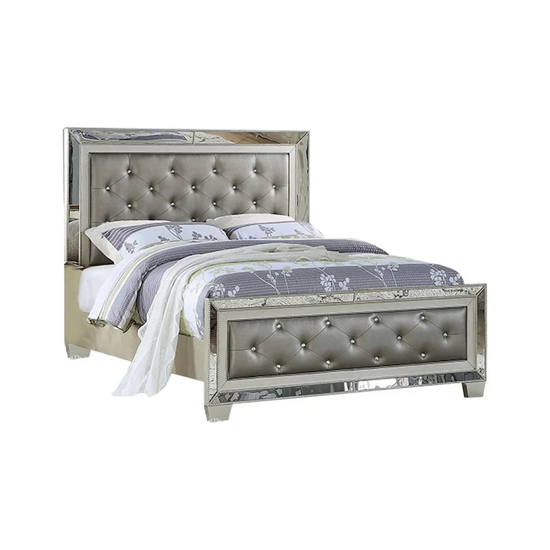 Lit Reva Queen, incrustation de miroir, revêtement en similicuir gris capitonné