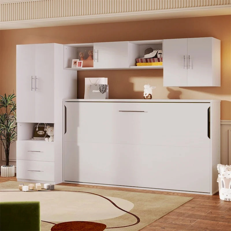 Lit escamotable simple avec étagères ouvertes et tiroirs de rangement