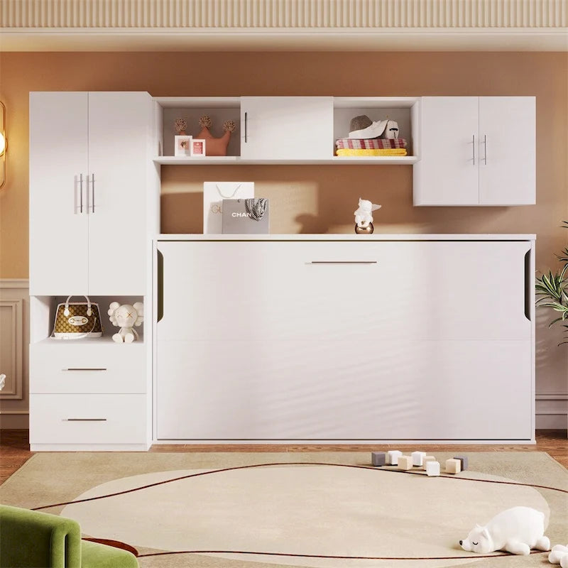 Lit escamotable simple avec étagères ouvertes et tiroirs de rangement