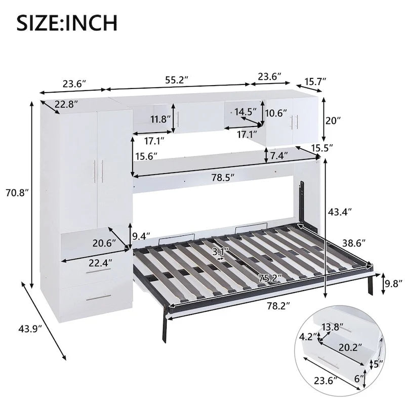 Lit escamotable simple avec étagères ouvertes et tiroirs de rangement