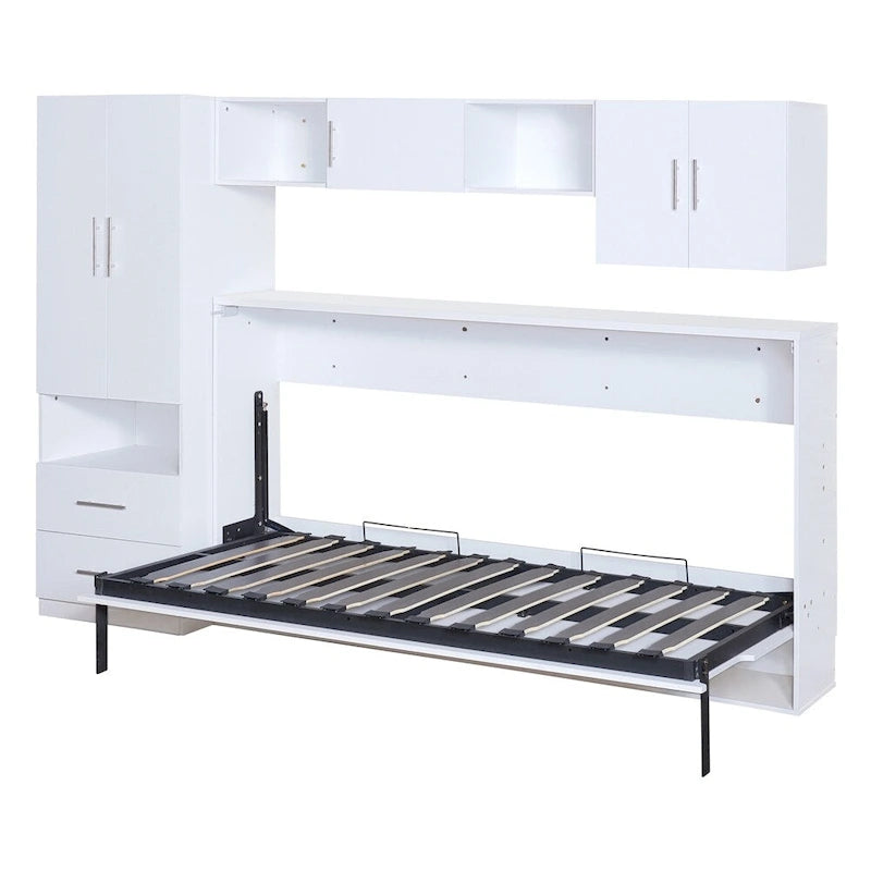 Lit escamotable simple avec étagères ouvertes et tiroirs de rangement