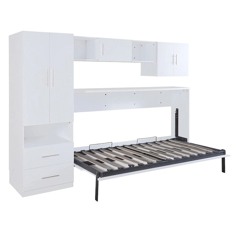 Lit escamotable simple avec étagères ouvertes et tiroirs de rangement