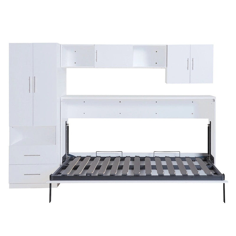 Lit escamotable simple avec étagères ouvertes et tiroirs de rangement