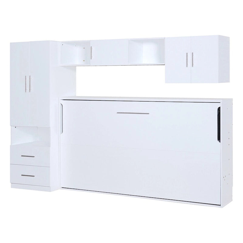 Lit escamotable simple avec étagères ouvertes et tiroirs de rangement