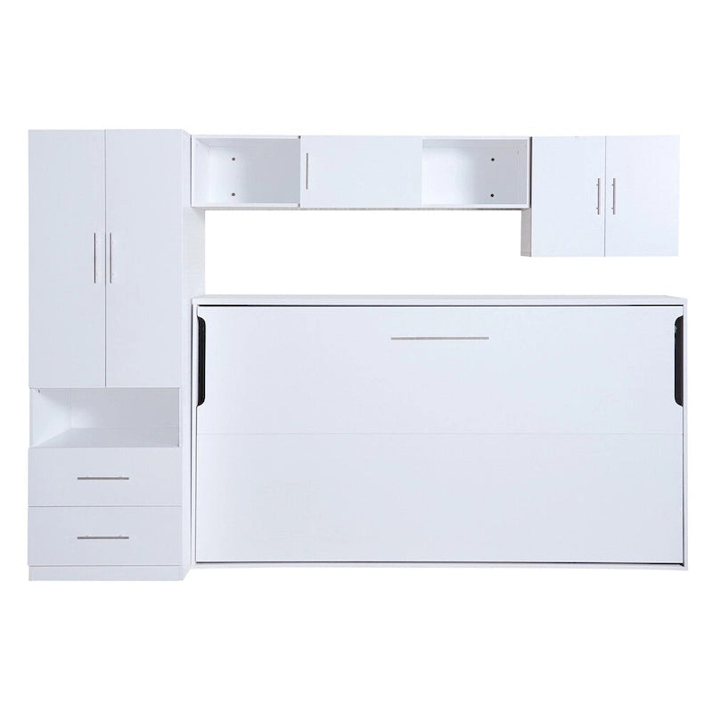 Lit escamotable simple avec étagères ouvertes et tiroirs de rangement
