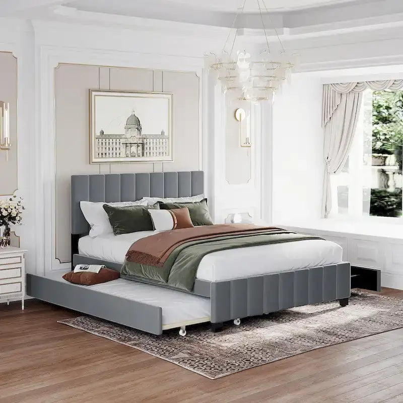 Lit plateforme rembourré en velours Queen Size avec 2 tiroirs et 1 lit gigogne Twin XL
