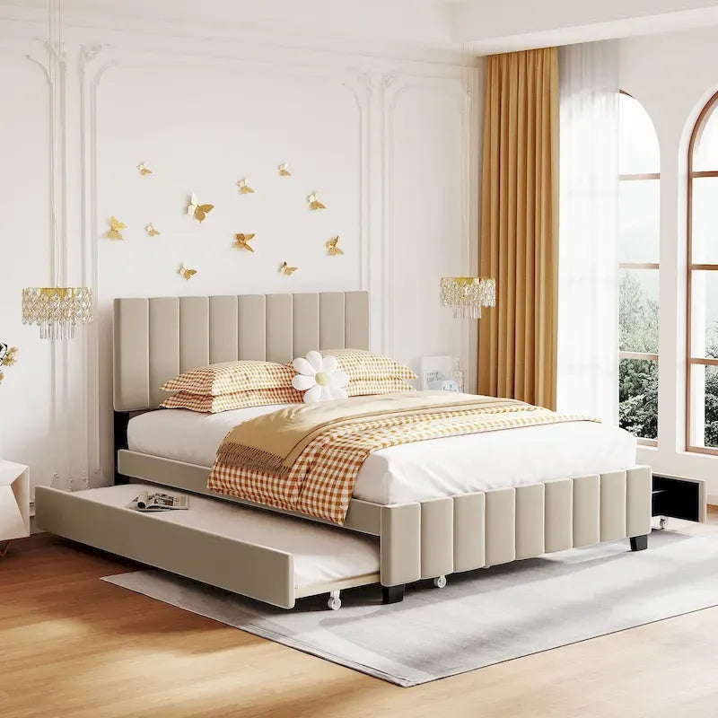 Lit plateforme rembourré en velours Queen Size avec 2 tiroirs et 1 lit gigogne Twin XL
