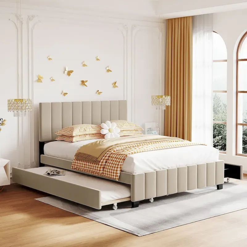 Queen Size Velvet Upholstered Platform Bed with 2 Drawers and 1 Twin XL Trundle
